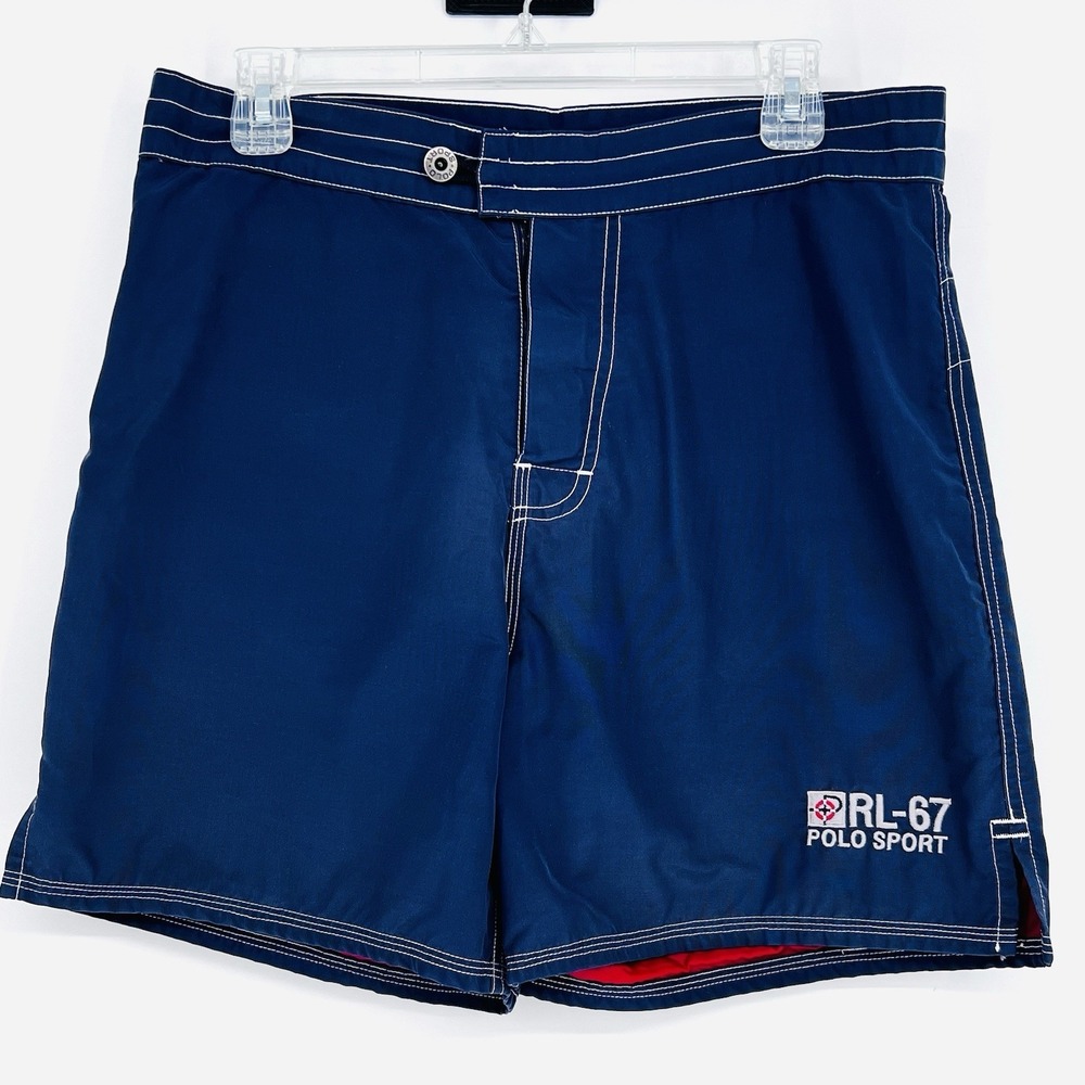 Vintage Polo Ralph Lauren Sport Swim Trunks Red Navy Spellout RL-67 Mens 32